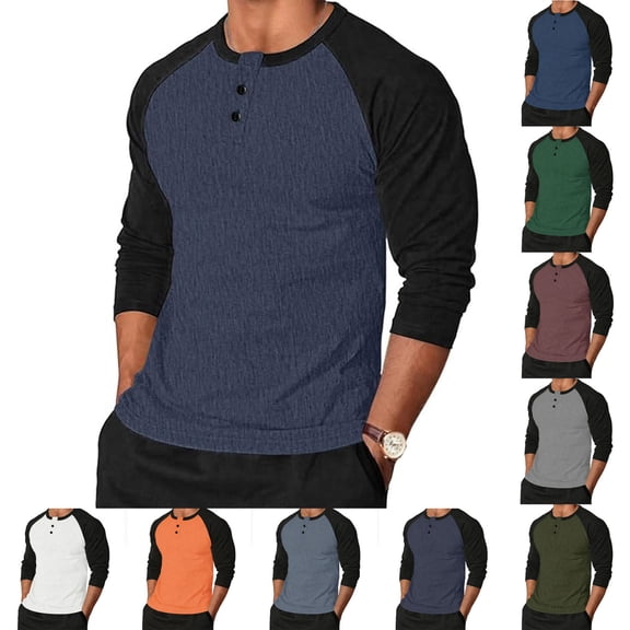Men's Henley Shirts Old Money Style Color Block Raglan Sleeve Casual Long Sleeve Button Crew Neck Basic Tops