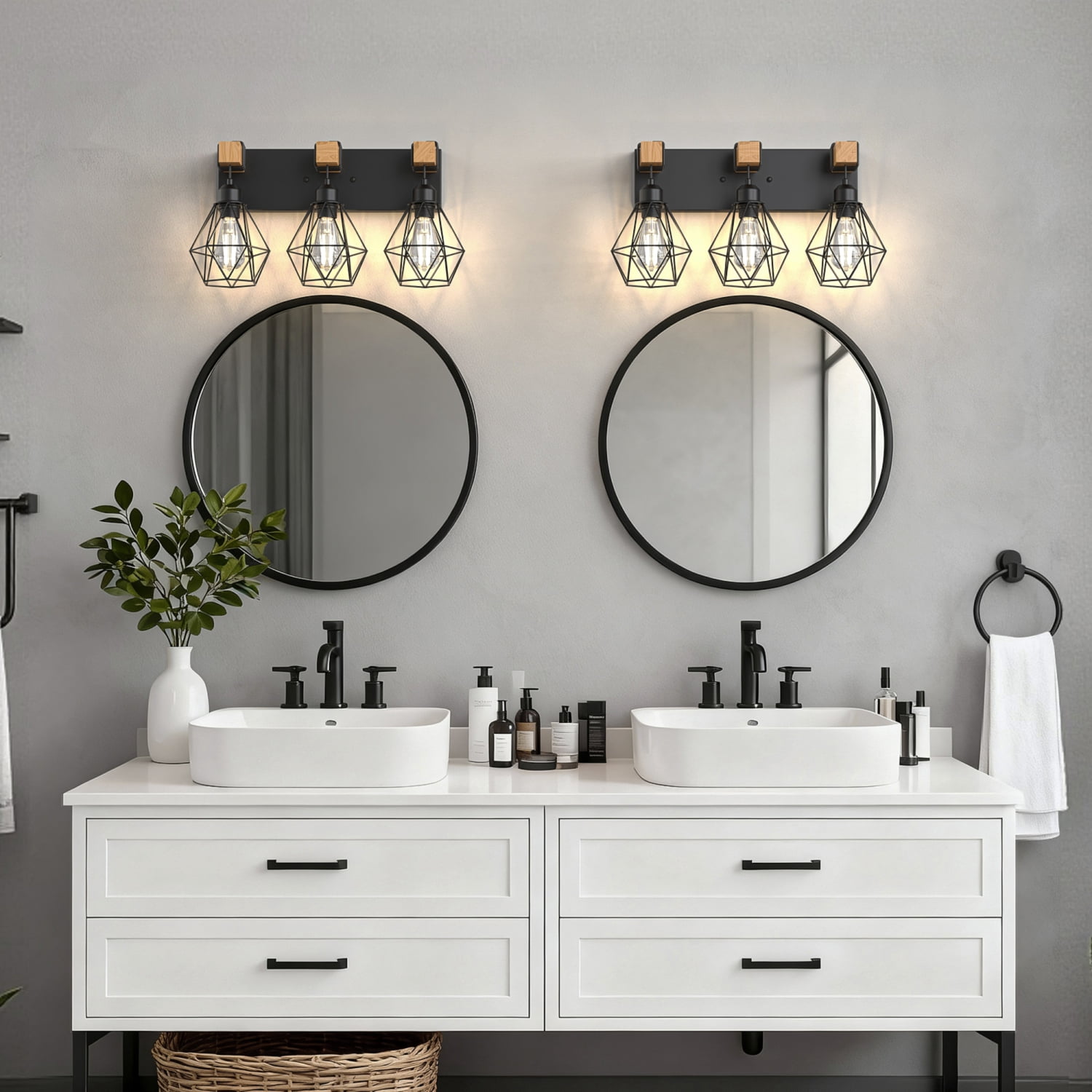 YANSUN 20.9 in 3-Light Industrial Cage Vanity Light, Black Metal and Wood Wall Sconce for Bathroom and Hallway(Bulbs Not Included)