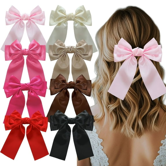 Loqpol 8 PCS Silky Satin Hair Bows, Oversized Long Tail Bows with Barrette Clips, Short Tail Bow Hair Clips Small Alligator, Coquette Hair Accessories for Women and Girls