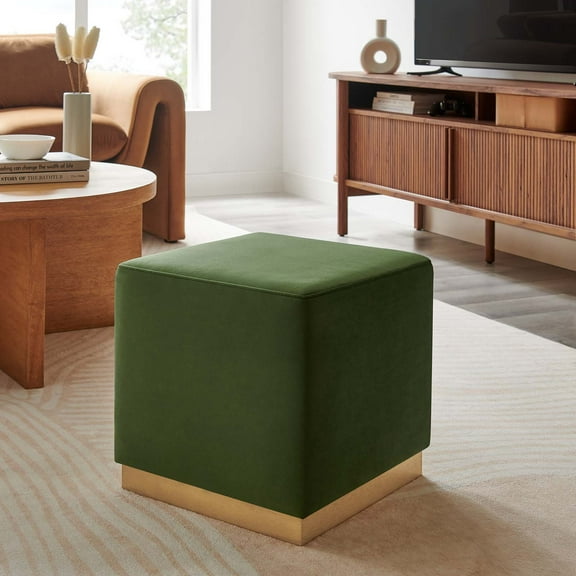 Tilden 17" Square Performance Velvet Upholstered Ottoman in Moss Green Natural
