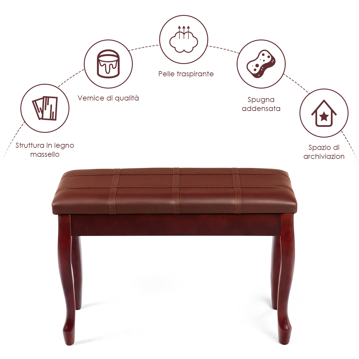 Topbuy Piano Bench Wood Padded Double Duet Keyboard Seat w/ Storage Box Brown