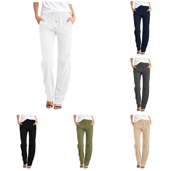 RUTAYY Women's Straight Leg Pants Solid Color Elastic Drawstring Waist Side Pockets Loose Casual Trousers White