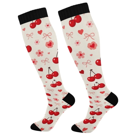 Unisex Knee High Socks, Cherry Printed Socks, Long Running Socks for Men & Women (1 Pair)