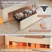 Twin Size Upholstered Bed with Storage Drawer and LED Light,Twin Bed Frame with Safety Guardrails and Chic Wavy Headboard,Velvet Princess Bed with Charging Station,Heavy Duty Metal Support,Beige
