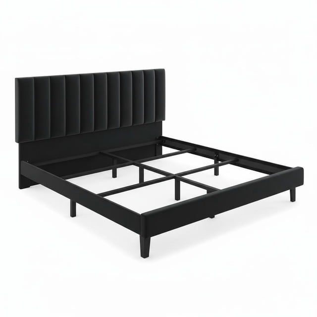 Queen Size Upholstered Platform Bed Frame – Black Suede with Adjustable Tufted Headboard, Sturdy Wooden Slats, No Box Spring Needed, Easy Assembly – Black Suede Finish