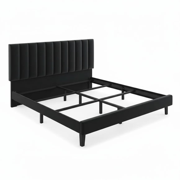 Estructura de cama con plataforma tapizada, de gamuza negra con cabecero capitoné ajustable, listones de madera resistentes, no requiere somier, fácil de armar, silenciosa - tamaño Queen, negro