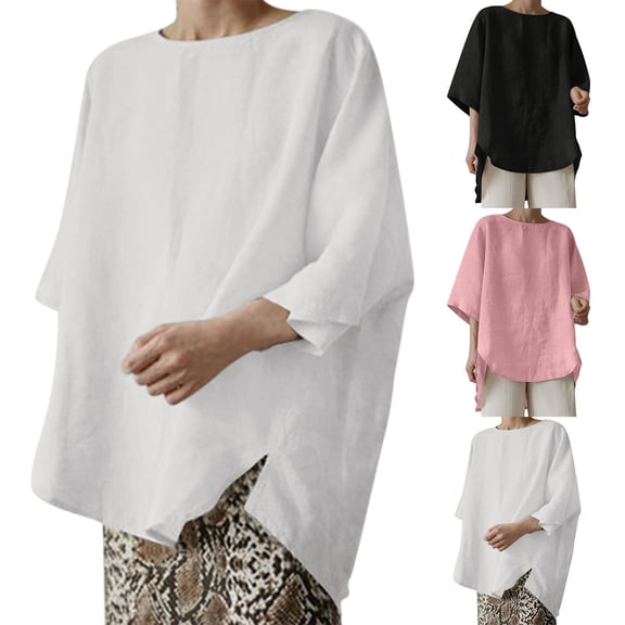 Fesfesfes Raglan Shirt Women's Loose Cotton Linen Round Neck Solid Tunics Casual Short Sleeve Blouses Tops Workout Shirts for Women Loose Fit 2XL(US:12)