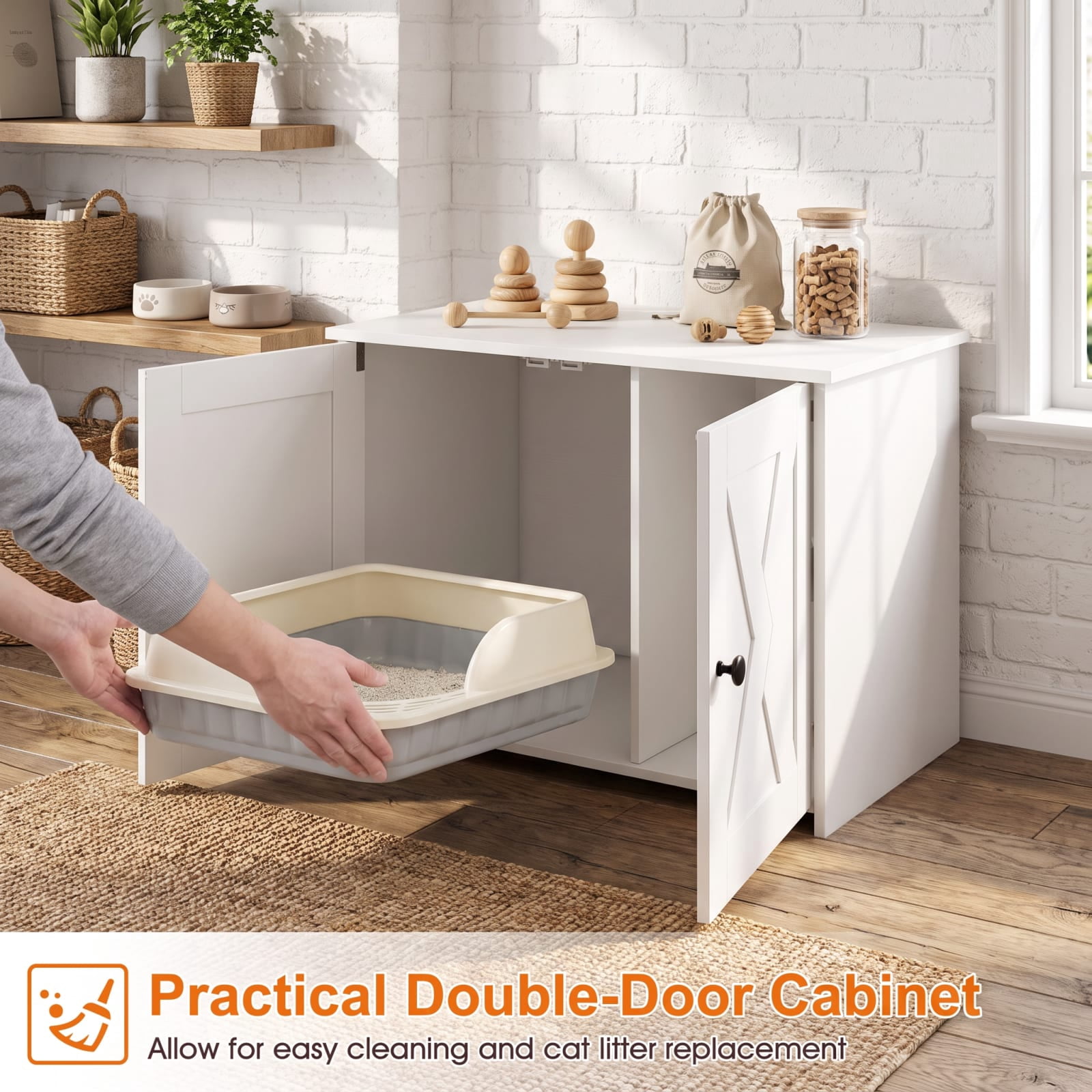 Vebreda Hidden Cat Litter Box Enclosure with Divider and Double Doors, Cat Litter Box Furniture with Storage Top, 31.5 Inch, White