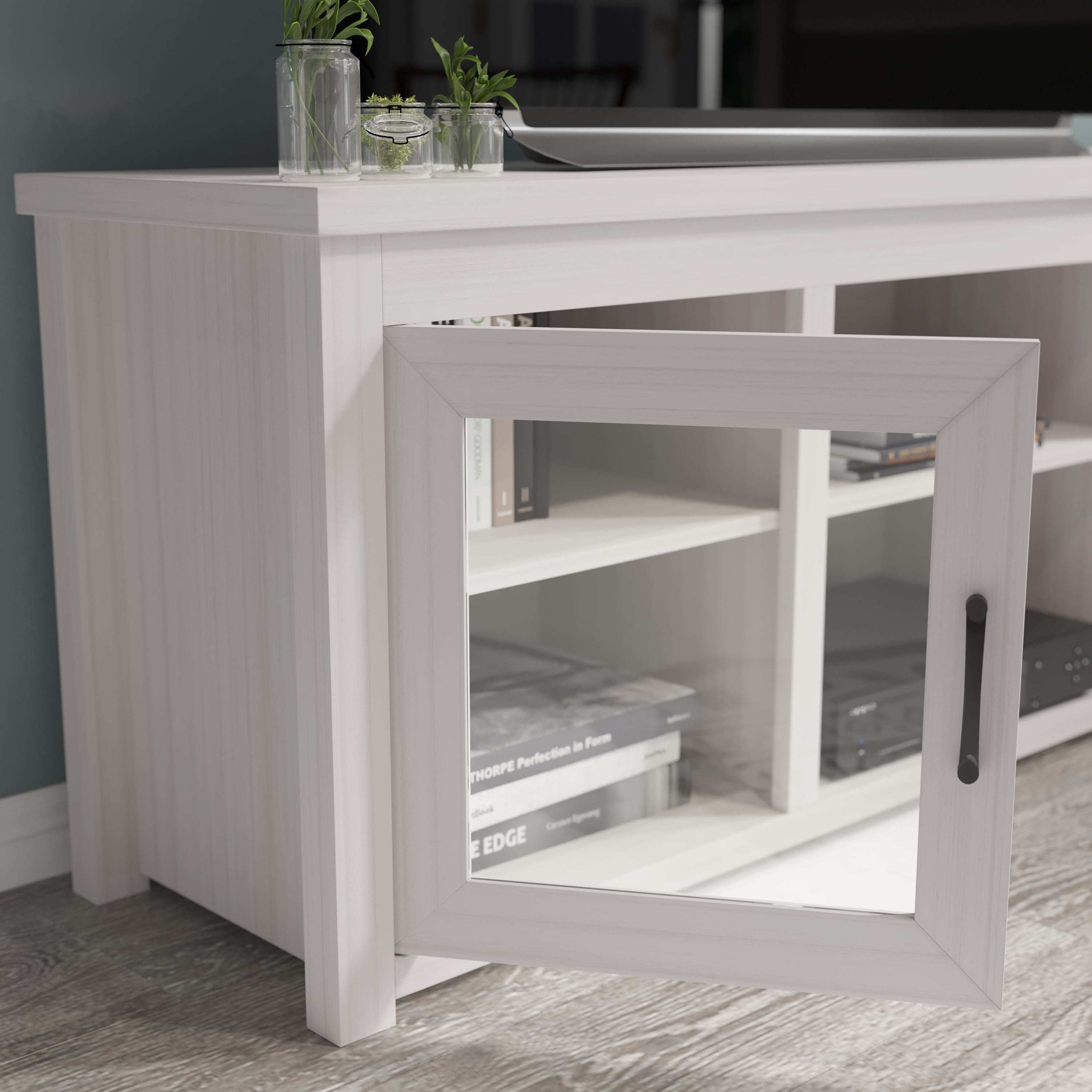 BizChair Classic TV Stand up to 80" TVs - Modern White Wash Finish with Full Glass Doors - 65" Engineered Wood Frame - 3 Shelves