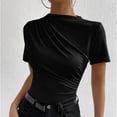 thumbnail image 3 of hotojiny Womens Mock Neck Tops Summer Short Sleeve Trendy Ruched Slim Tshirts Casual Comfy Solid Color Blouse, 3 of 4