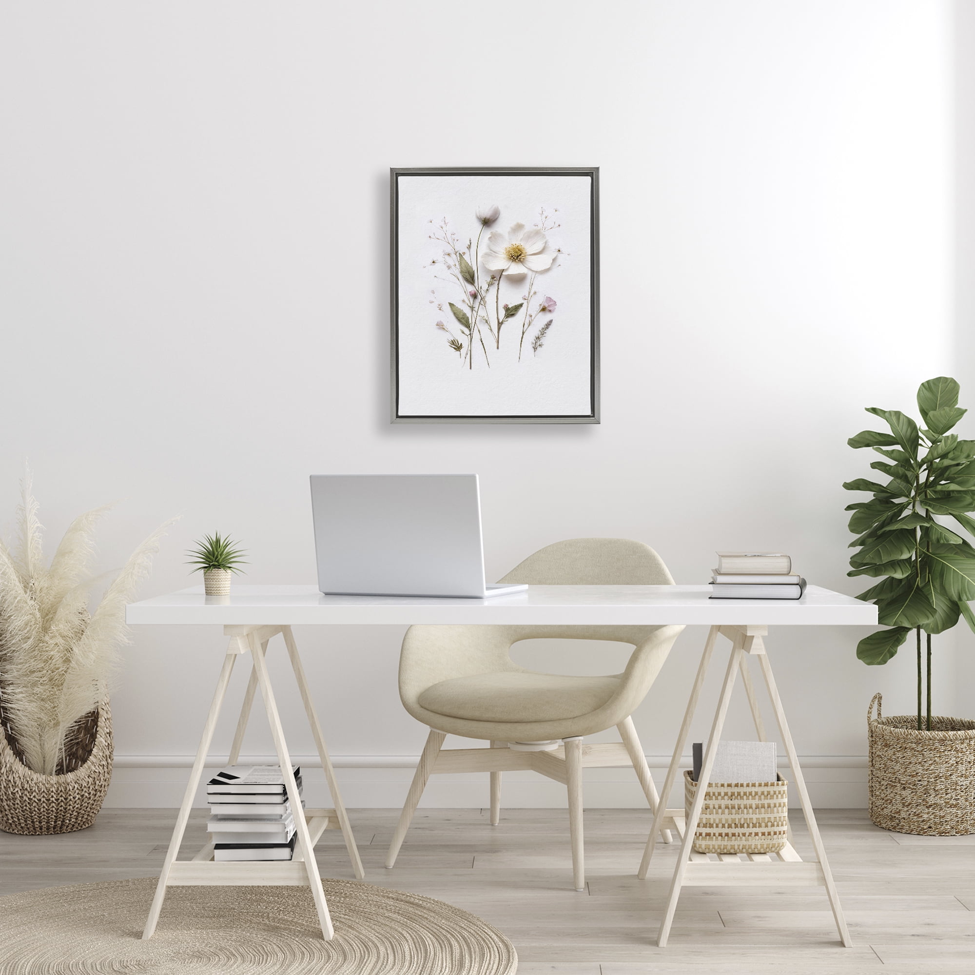 Delicate Pressed Flower Sprigs Gray Framed Floater Canvas Wall Art, design by Lettered and Lined