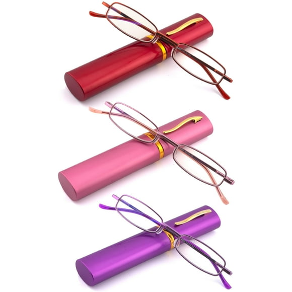 SOPHILY 3 Pack Slim Pocket Reading Glasses for Men Women Blue Light Blocking Compact Readers Spring Hinge Metal Frame Eyeglasses with Portable Pen Clip Tube Case (Red Pink Purple,2.75)