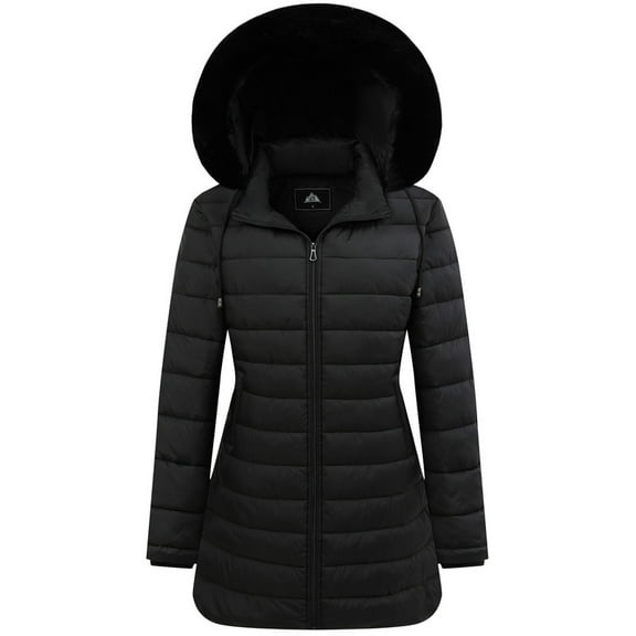 Women's Winter Coats Long Warm Thicken Puffer Jackets Outwear With Removable Faux Fur Hood, Black XL