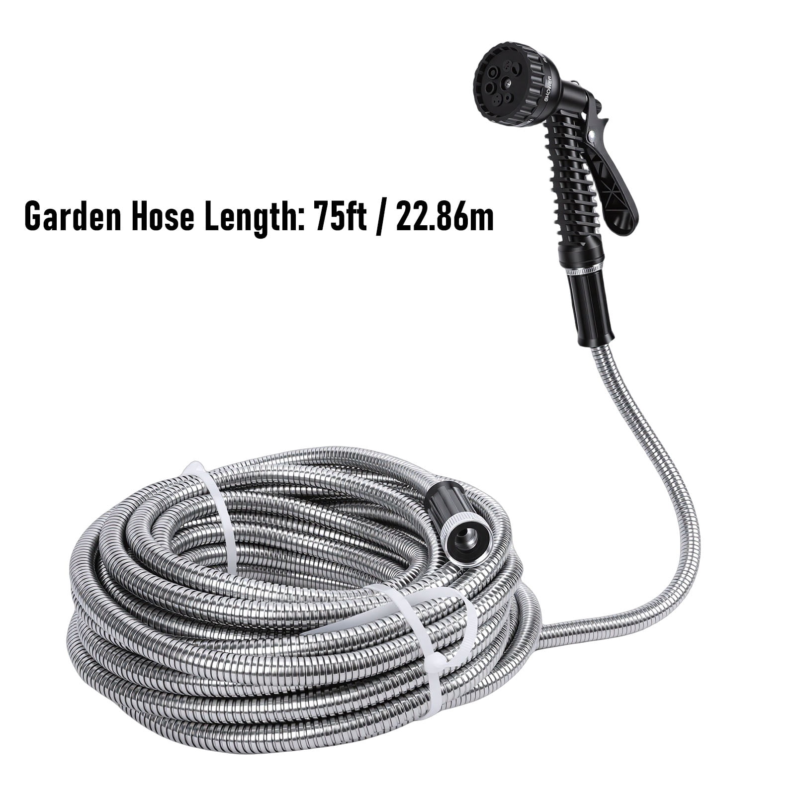 75 FT Garden Hose ,304 Stainless Steel Heavy Duty Water Hose with 7 Function Nozzles No-Kink Rust Proof for Yard Outdoor