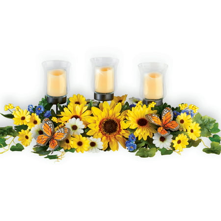 Sunflower and Daisy Candle Holder Centerpiece with Greenery, Butterflies and LED Votives - Decorative Accent for Mantel or Dining Table
