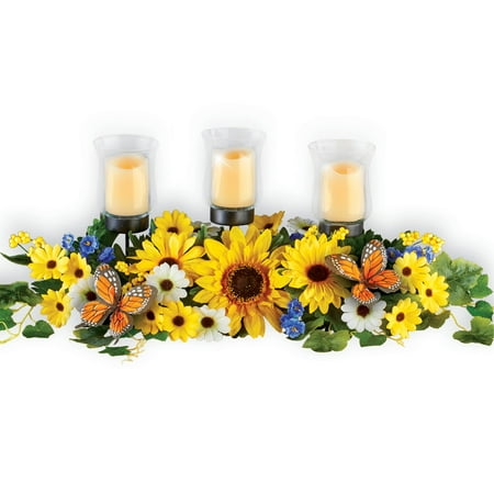 Dining Table Centerpieces Ideas Sunflower and Daisy Candle Holder Centerpiece with Greenery, Butterflies and LED Votives - Decorative Accent for Mantel or Dining Table ()