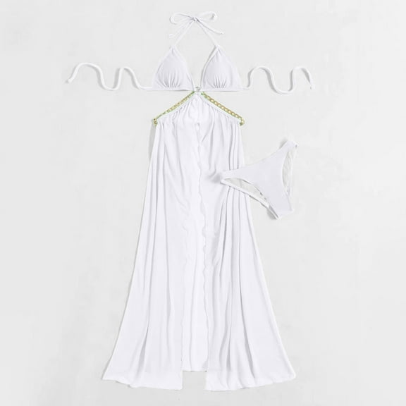 Njoeus Women's 2 Piece Outfits Halter Deep V Neck Bra Triangles Bikini Set Maxi Swimsuit Cover up Maxi Dresses Skirt Bathing Suit for Women