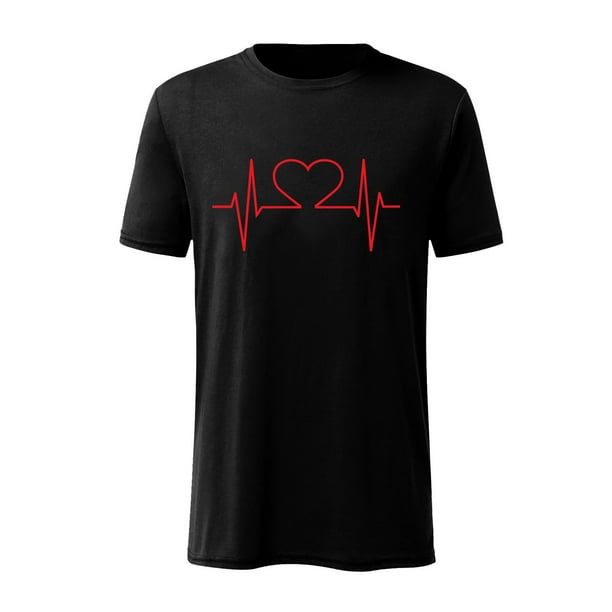 Camiseta con estampado de cardiograma de amor de color sólido de manga corta informal para el día de San Valentín Pompotops oipoqjl3843