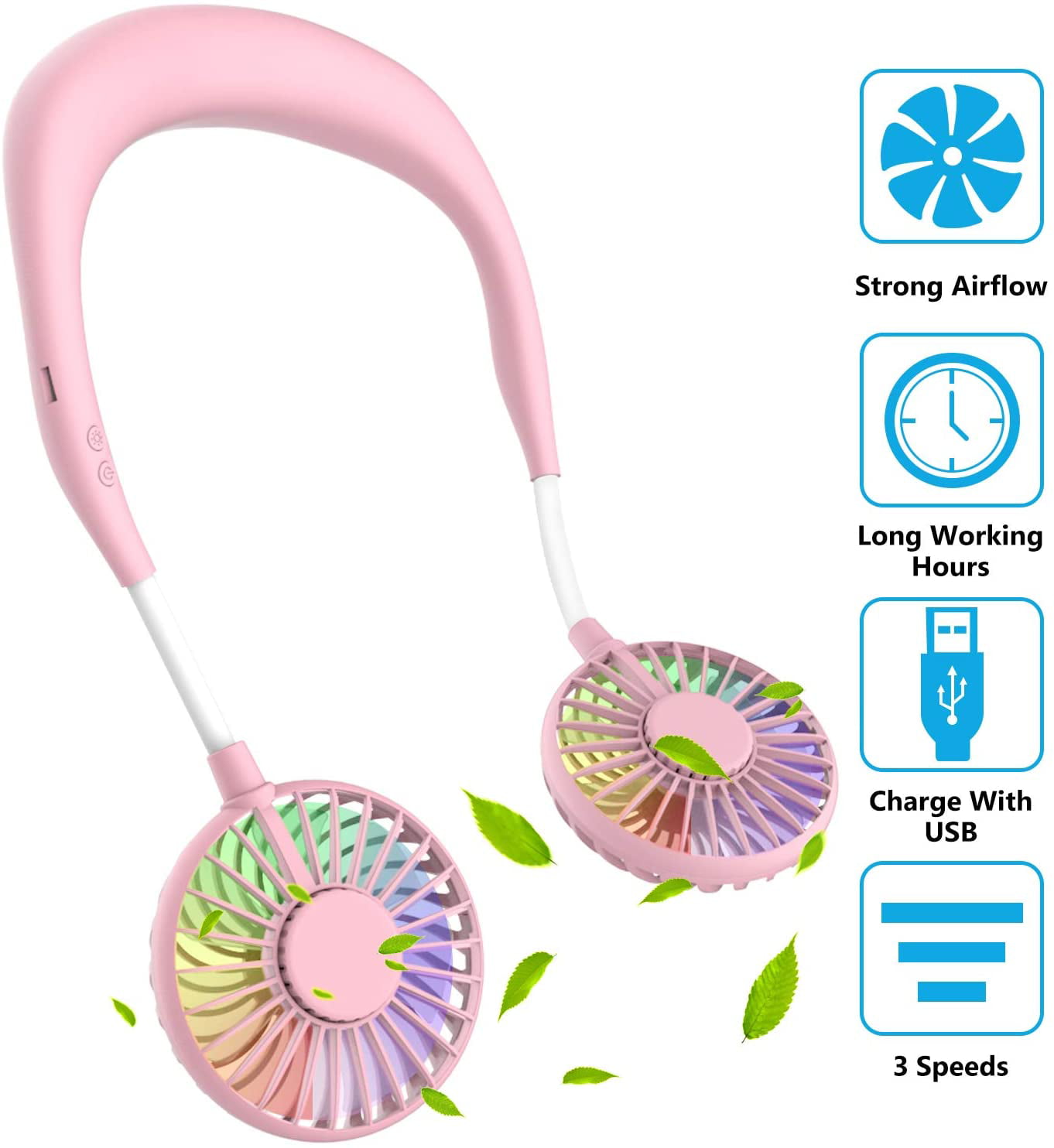 Rechargeable Perfect for Sports 3 Speeds Pink Quiet Portable Mini LED Fan Headphone Neck Hanging Design Fan Internal Rainbow and White Light Hand Free USB Personal Fan Traveling and Office 