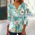 thumbnail image 2 of Pompotops Tunique Décontractée à Manches 3/4 Imprimée Florale Col en V pour Femmes Chemises Basiques d'Été Blouse Plissée Liquidation, 2 of 5
