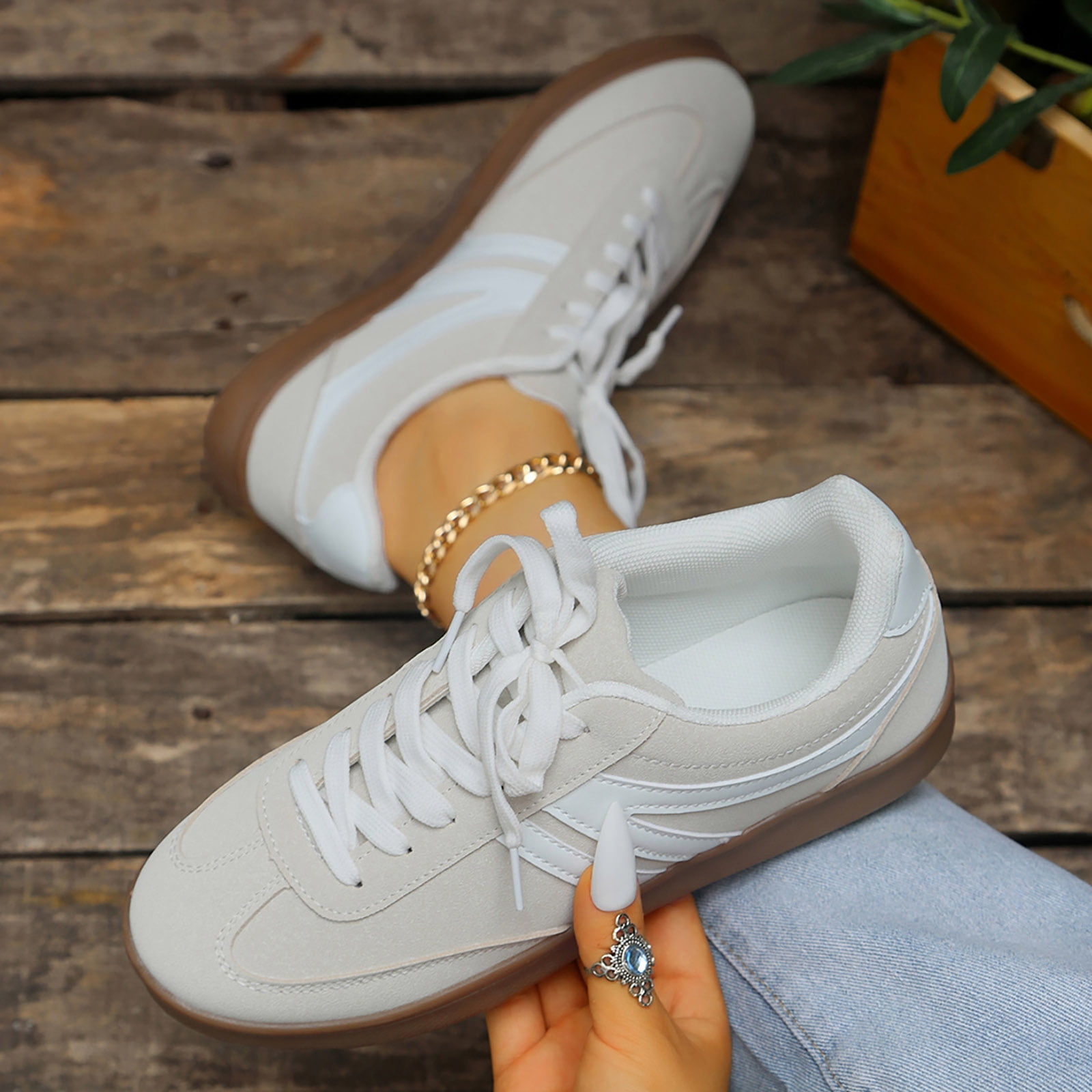 Tennis Shoes Womens Lace up Retro Classic Trainers Skate Shoes Fashion Suede Color Block Sneakers Nonslip Flat Walking Shoes Beige Size 9.5