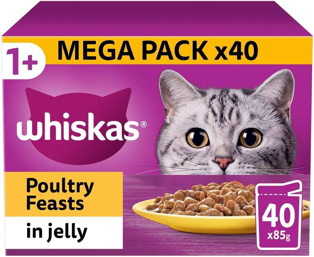 WHISKAS 1+ Cat Pouches Poultry Feasts in Jelly Cat Food 40x85g