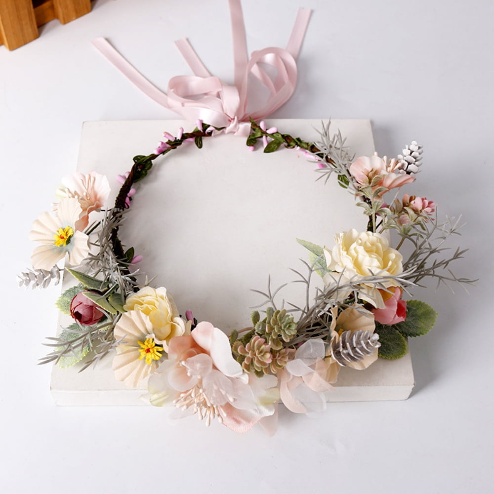 Handmade Flower Hair Wreath Garland with Ribbon for Festival Wedding Party Women Girls Flower Headbands Crown