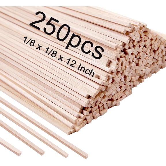 TAVENE 250 Pcs 1/8 x 1/8 x 12 Inch Unfinished Wooden Strips, Balsa Wood Sticks Hardwood Square Dowels, Balsa Wood Strips Square Wooden Dowels for DIY Craft Supplies