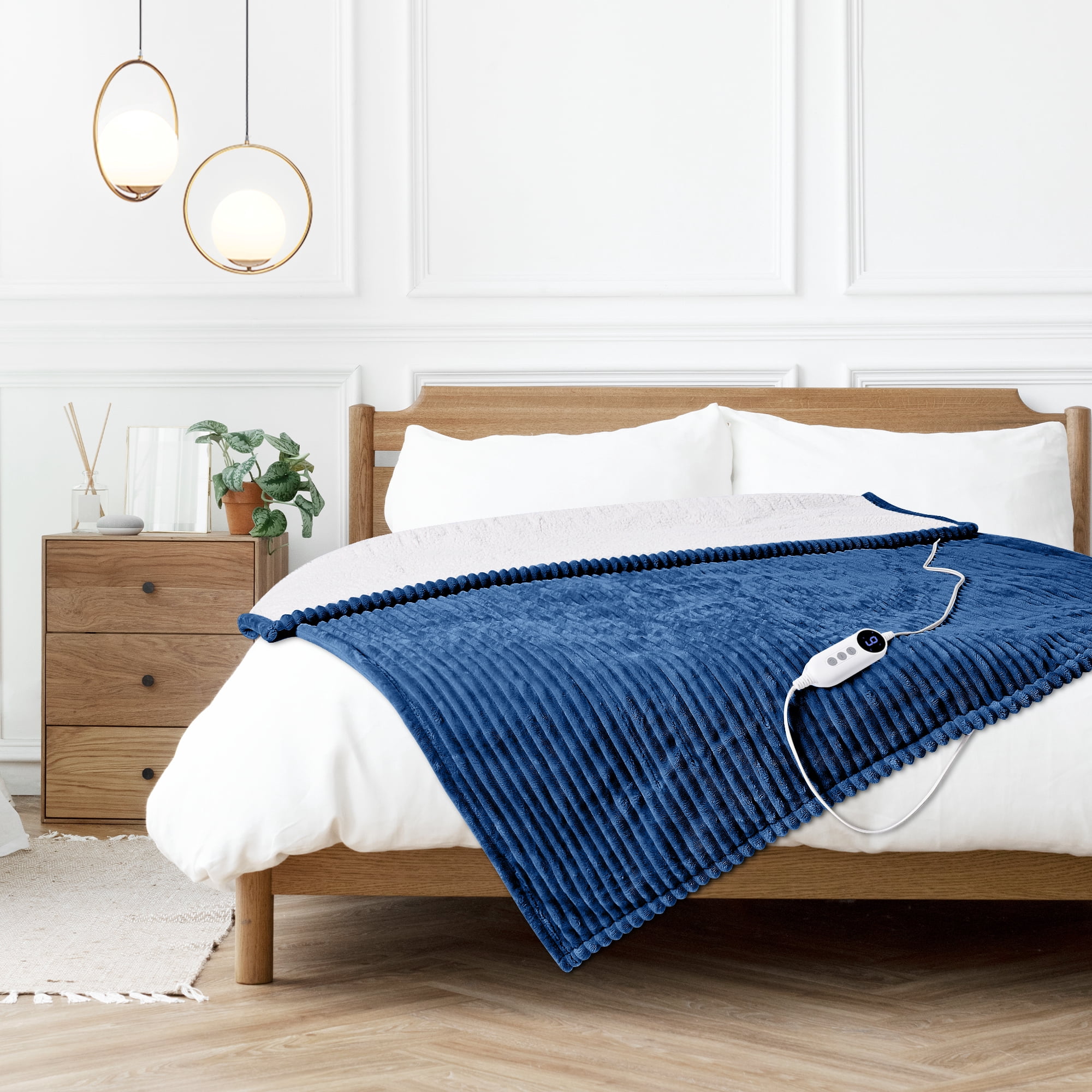 Vccoem Electric Heated Blanket Throw 50"x60", 9 Heat Levels & 2 to 10 Hours Auto Shut-Off, Over-Heat Protection, Soft Ribbed Flannel to Sherpa, Machine Washable, Navy