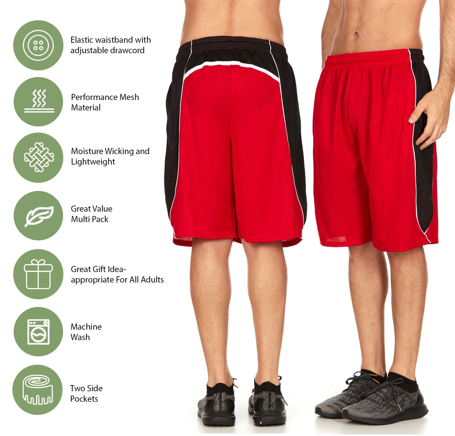 5 Pack: Mens Moisture Wicking Athletic Basketball & Gym Workout Shorts with Pockets Multipack, XL