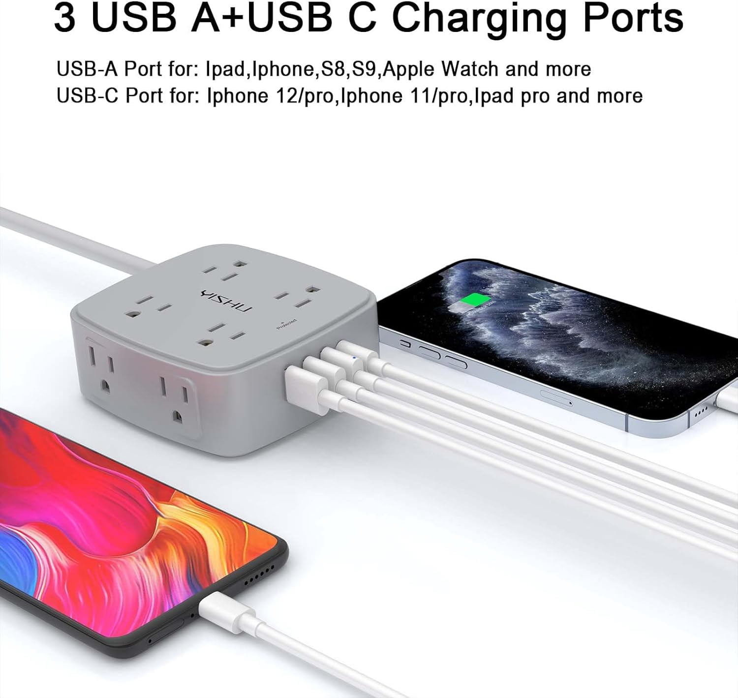 10 Ft Surge Protector Power Strip - 8 Widely Outlets with 4 USB Ports, 3 Side Outlet Extender with 10 Feet Extension Cord, Flat Plug, Wall Mount, Desk USB Charging Station, ETL, Grey