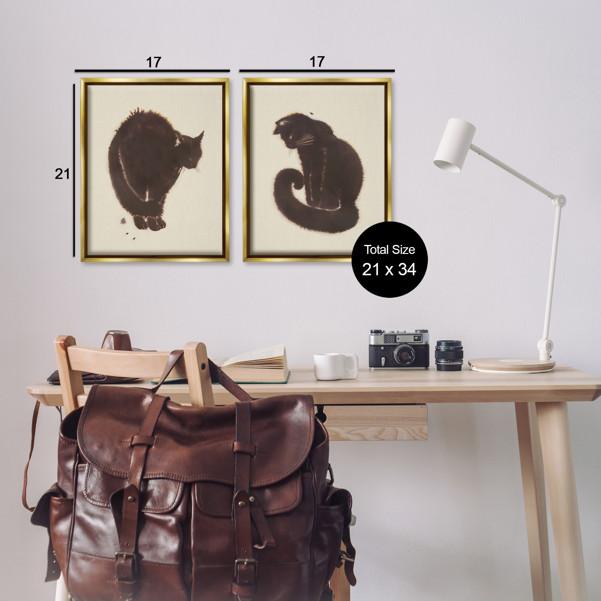 Stupell Industries Simple Cats on Beige Animals Painting Gold Floater Framed Canvas Art Print Wall Art, 17 x 21, Set of 2