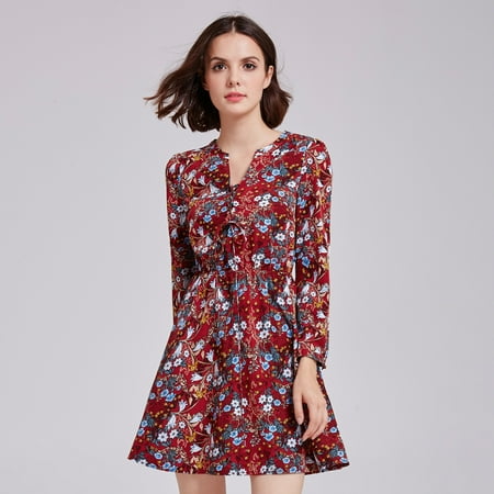 Linen Peasant Dress Alisa Pan Women's Fashion Floral Print Boho Long Sleeve Lace-Up Neckline Summer Holiday Casual Peasant Sun Dresses for Women 05944 ()