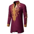 thumbnail image 6 of QQAMB Mens African 2 Piece Set Nigerian Dashiki Metallic Traditional Suit Gold Printed Shirt and Pants Outfits Wine M, 6 of 7