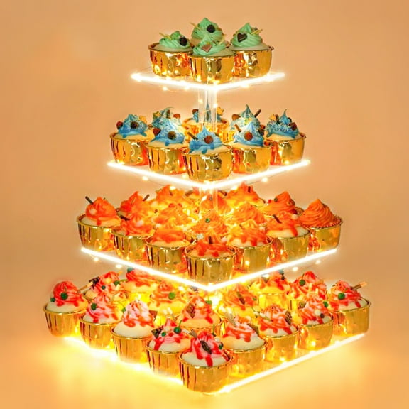 4 Tier Acrylic Cupcake Stand Display with LED Light,Premium Dessert Cupcake Holder for Birthday,Cady Bar Décor,Weddings,Party Events,Warm White ﻿