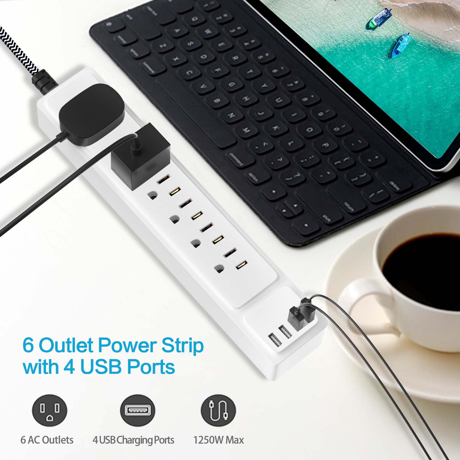 6 Outlet Surge Protector Power Strip with 4 USB Ports (900J), Wide Spacing, Wall Mountable, 1250W - Fireproof Safety