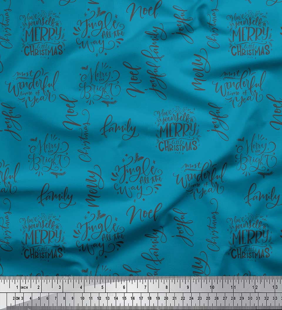 Soimoi Blue Heavy Satin Fabric Merry Christmas Text Print Fabric by Yard 54 Inch Wide