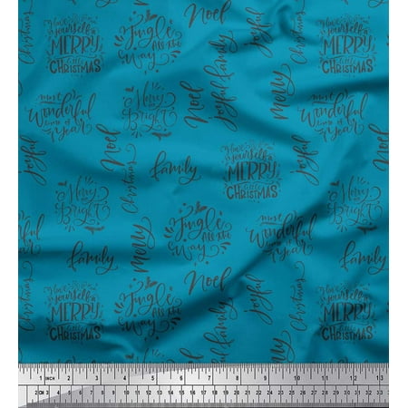 Soimoi Blue Cotton Cambric Fabric Merry Christmas Text Printed Craft Fabric by the Yard 56 Inch Wide
