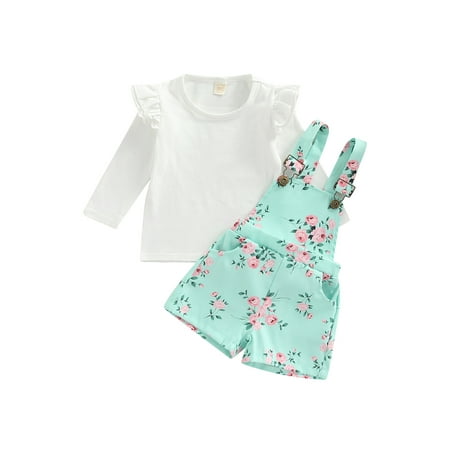 

Toddler Kids Baby Girl Clothes Set Ruffle Long Sleeve Tops T-Shirt Floral Suspender Shorts Autumn Overalls Outfits