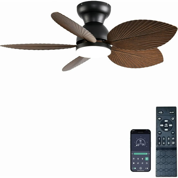 Tropical Ceiling Fans with Light, 38-Inch Flush Mount Palm Leaf Ceiling Fans for Bedrooms, Indoors and Outdoors, Remote Control/APP Control, 6-Speed, Dimmable, Reversible, Wood Grain Design,Brown.