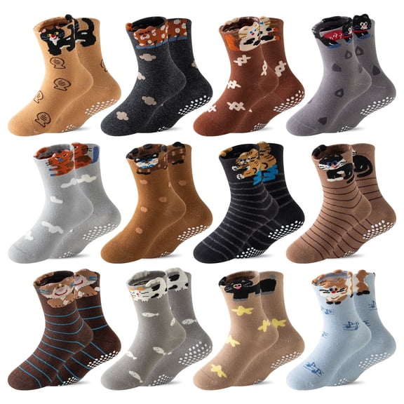 12 Pairs Baby Girls Grips Socks Kids Toddlers Infants Anti Slip Non Skid Funny Cartoon Crew Breathable Cotton Socks