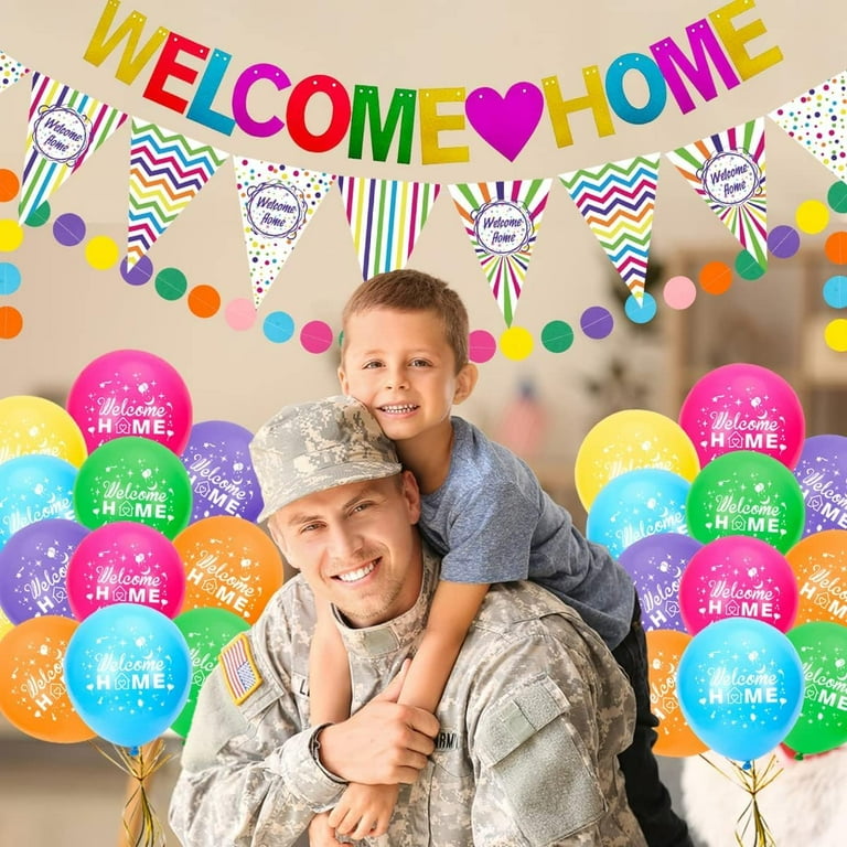 Welcome Home Balloon Decor Kit - 16" Gold Foil Banner & Heart Balloons For Homecoming Parties