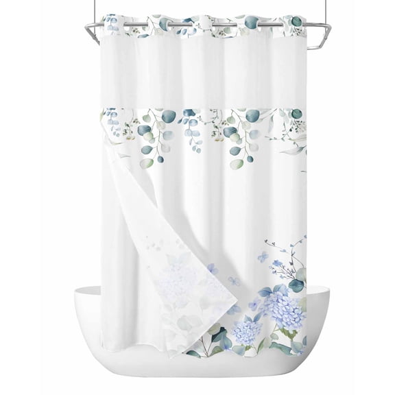 No Hook Cloth Fabric Shower Curtain with Snap in Liner, Eucalyptus Flower Waterproof Shower Curtains Set with See Through Top Window, Sage Green Leaf Blue Floral Watercolor Bath Curtains 36"x72"