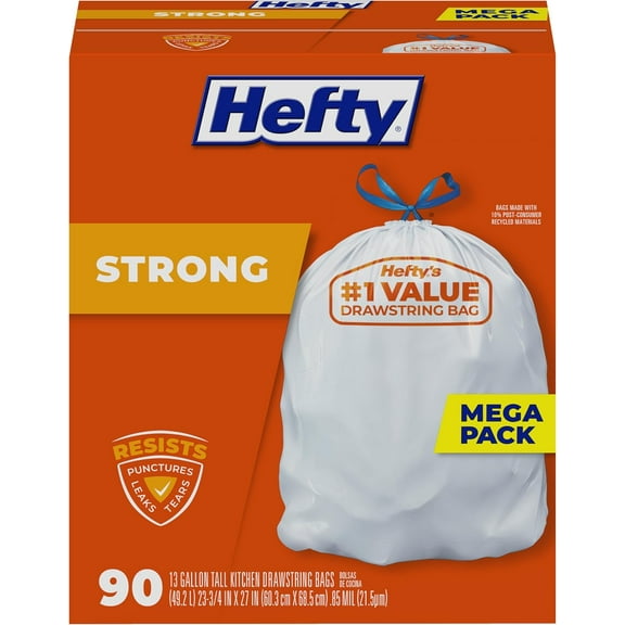 Strong 13 Gallon , Tall Kitchen , UnscentedLarge with Drawstrings, Durable Closure, Resists Leaks, Punctures, and Tears, White, Unscented, 90 Bags