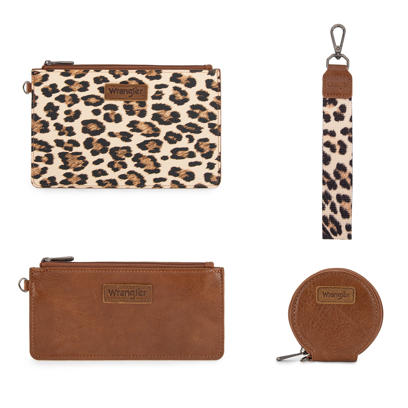 Wrangler Women's Keychain Wristlet Wallet Dual Pouch Design with Zipper Coin Purse, Spacious & Easy to Carry, Leopard