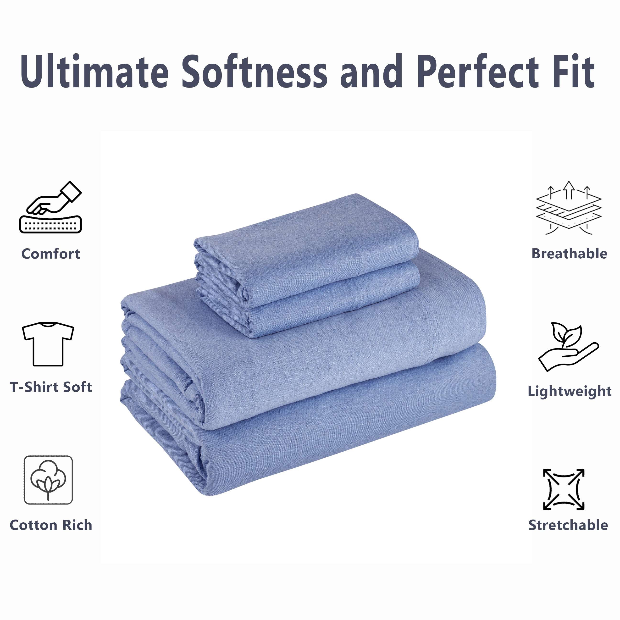 Mainstays Cotton Rich Extra Soft Jersey Bed Sheet Set, Queen, School Pale Blue, 4 Pieces