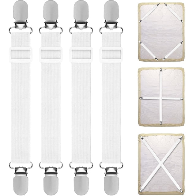 Pinces pour Draps, 4 Pcs Sangles de Draps Ajustables avec Bandes Élastiques en nylon, Boucles en Plastique et Pinces à Bec de Canard en Métal Durables. Comprend Quatre Sangles Blanches Ajustables de 30 cm à 130 cm, Idéal pour Fixer des Draps-Housses, des Protège-Matelas et des Nappes. Affiché dans une Vue Frontale avec des Exemples de configurations Croisées et Droites sur la Literie.