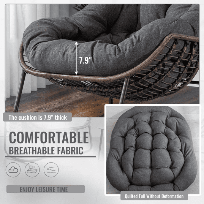 Indoor & Outdoor Comfy Rocker Chair with Thick Cushion, Oversized Rattan Egg Chair for Balcony, Wicker Papasan Rocker