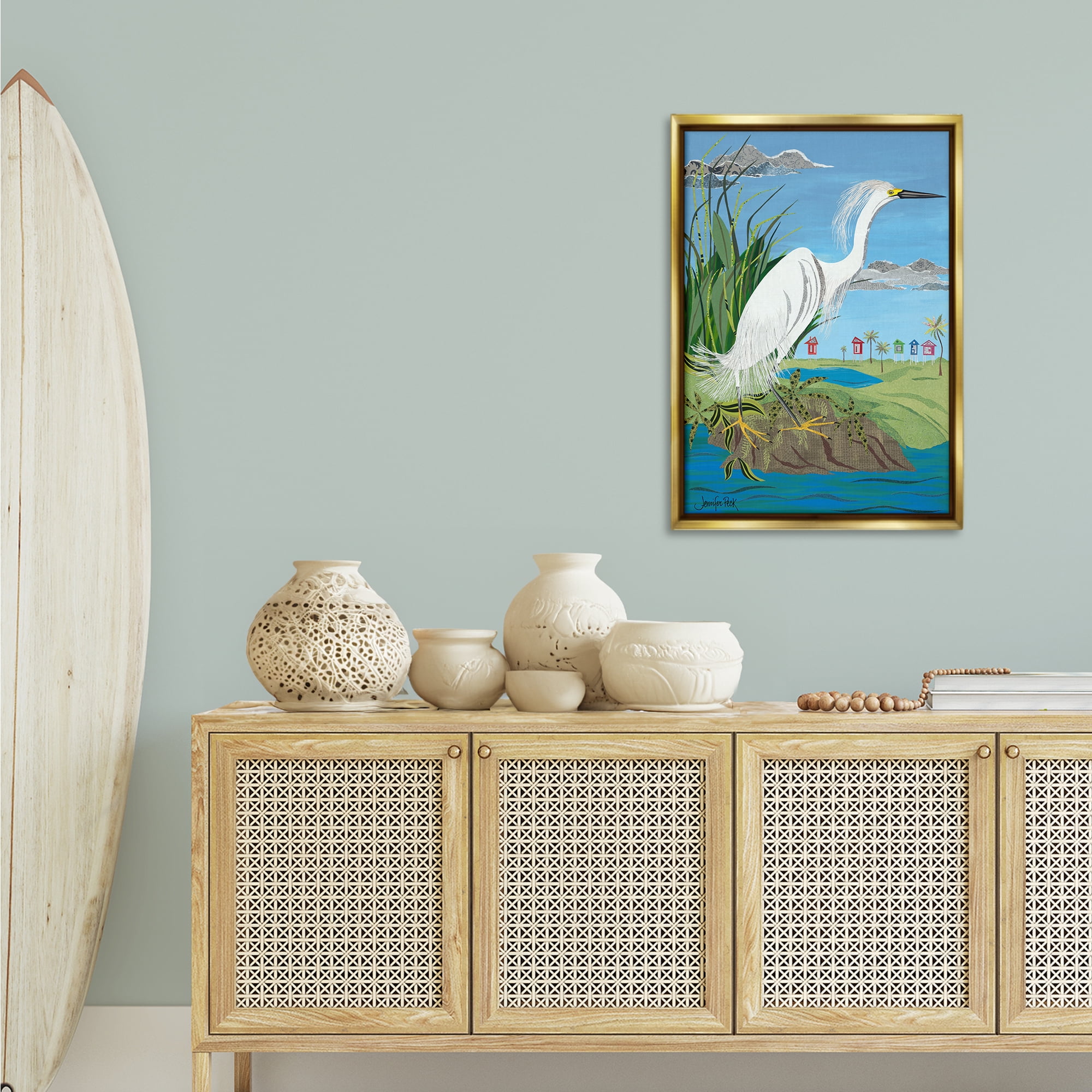 Stupell Industries Egret Perched on Shore Animals & Insects Painting Gold Floater Framed Canvas Art Print Wall Art, 21 x 31
