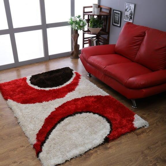 Rugsotic Carpets Hand Tufted Shag, Contemporary Polyester Area Rug, Red,Ivory, 4'x6'